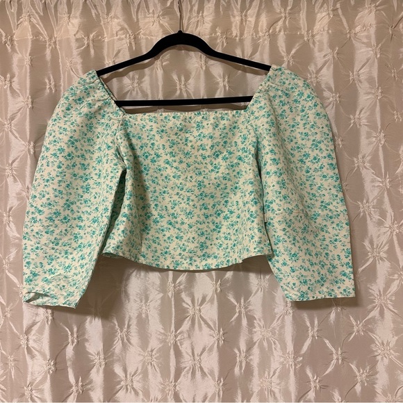 Levi's Yvie Puff 3/4 Sleeve Cropped Blouse Cream Electric Green Floral Top - Picture 1 of 12